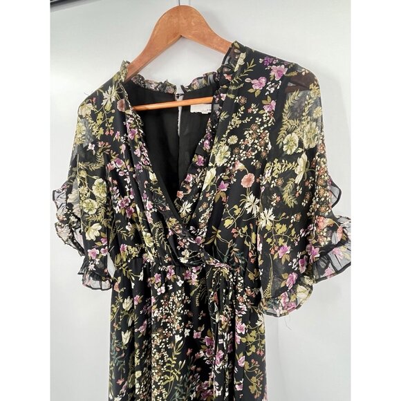 JUNE & HUDSON Women's Black Floral Faux Wrap Half Sleeve Dress Medium - Picture 2 of 8